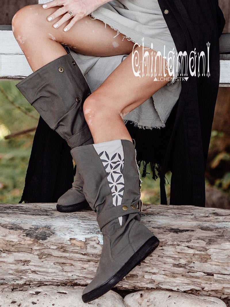 Cotton Canvas Vegan Boots / High Shoes with Flower of Life Print / Unisex Grey - ChintamaniAlchemi