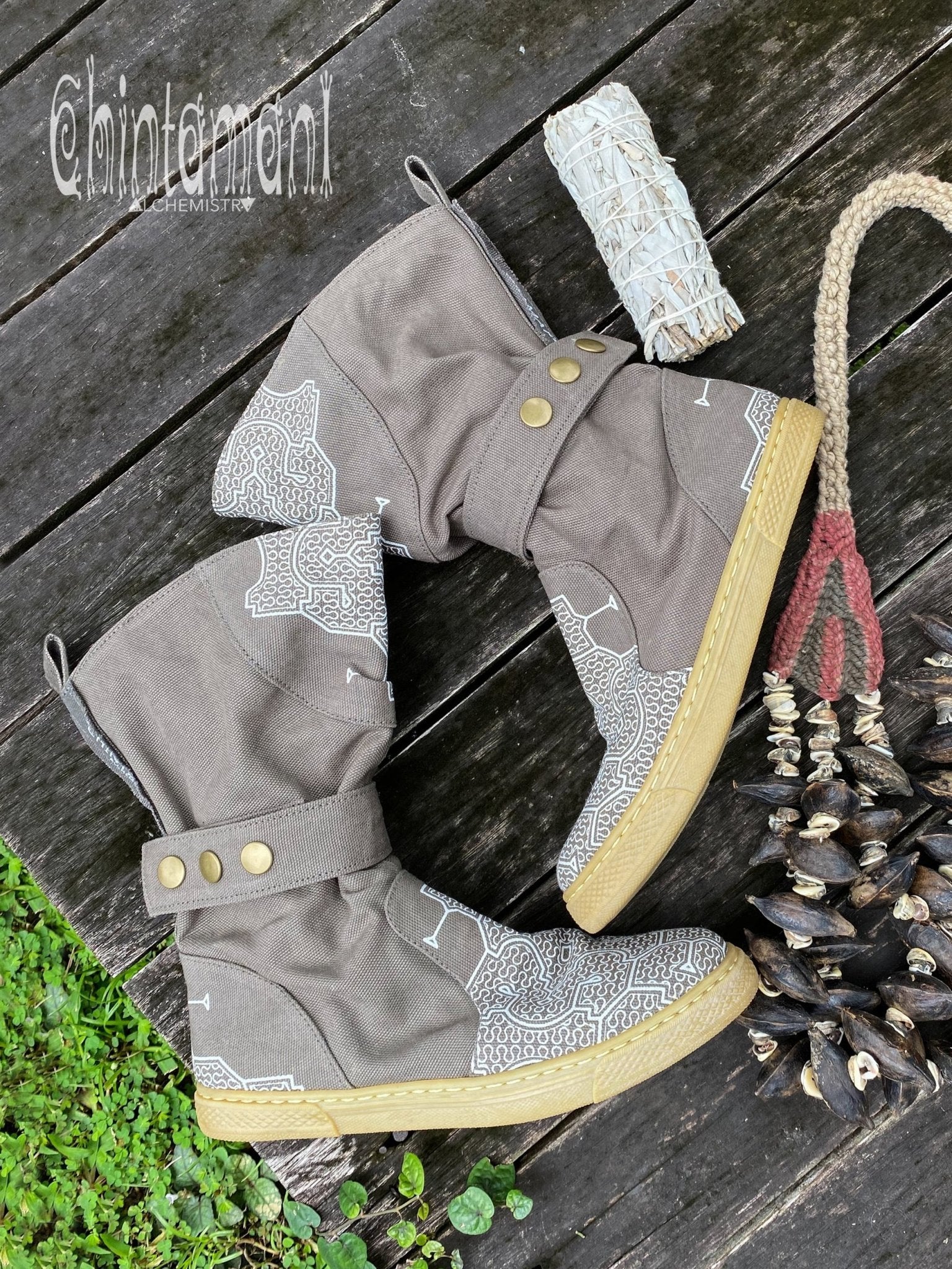 Cotton Canvas Vegan Boots / High Shoes with Shipibo Print / Grey - ChintamaniAlchemi