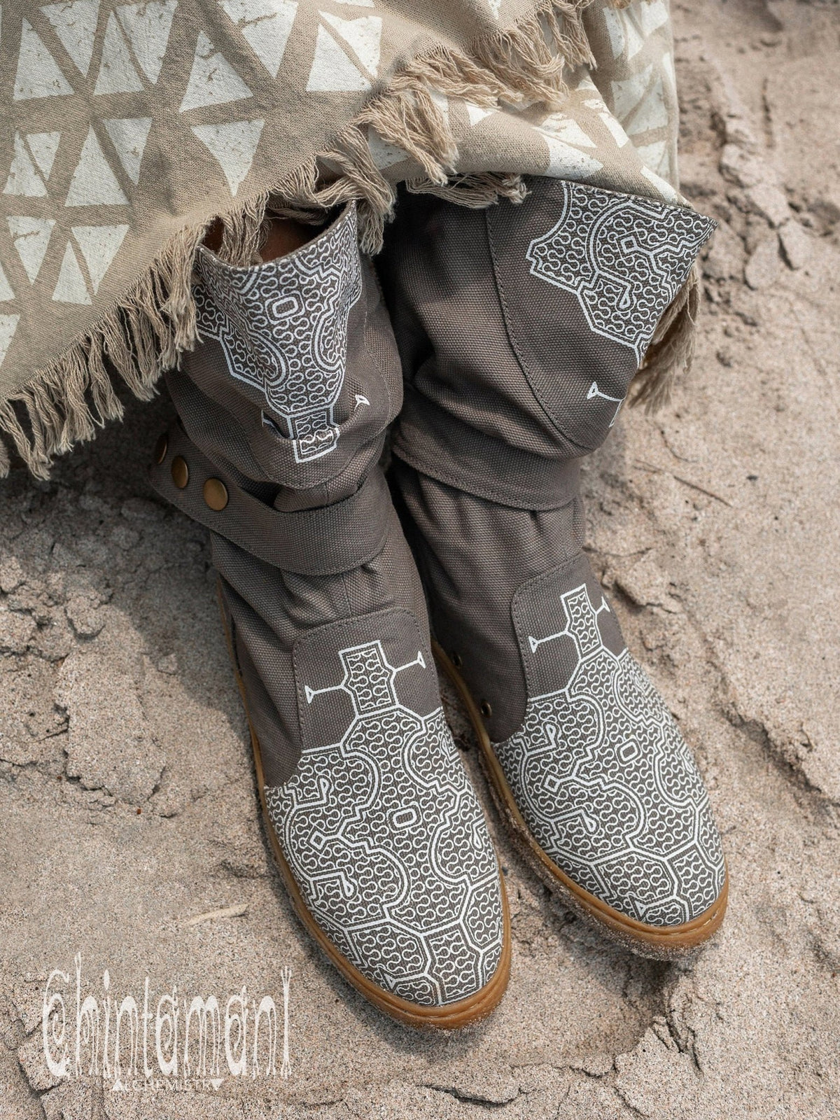 Cotton Canvas Vegan Boots / High Shoes with Shipibo Print / Grey - ChintamaniAlchemi