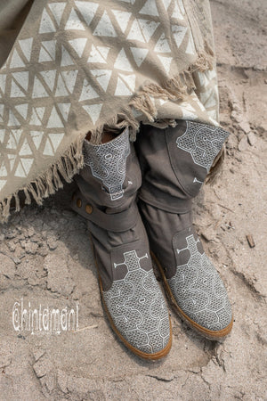 Cotton Canvas Vegan Boots / High Shoes with Shipibo Print / Grey - ChintamaniAlchemi