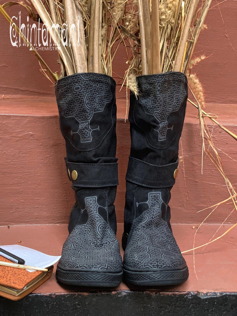 Cotton Canvas Vegan Boots / High Shoes with Shipibo Print / Unisex Black - ChintamaniAlchemi