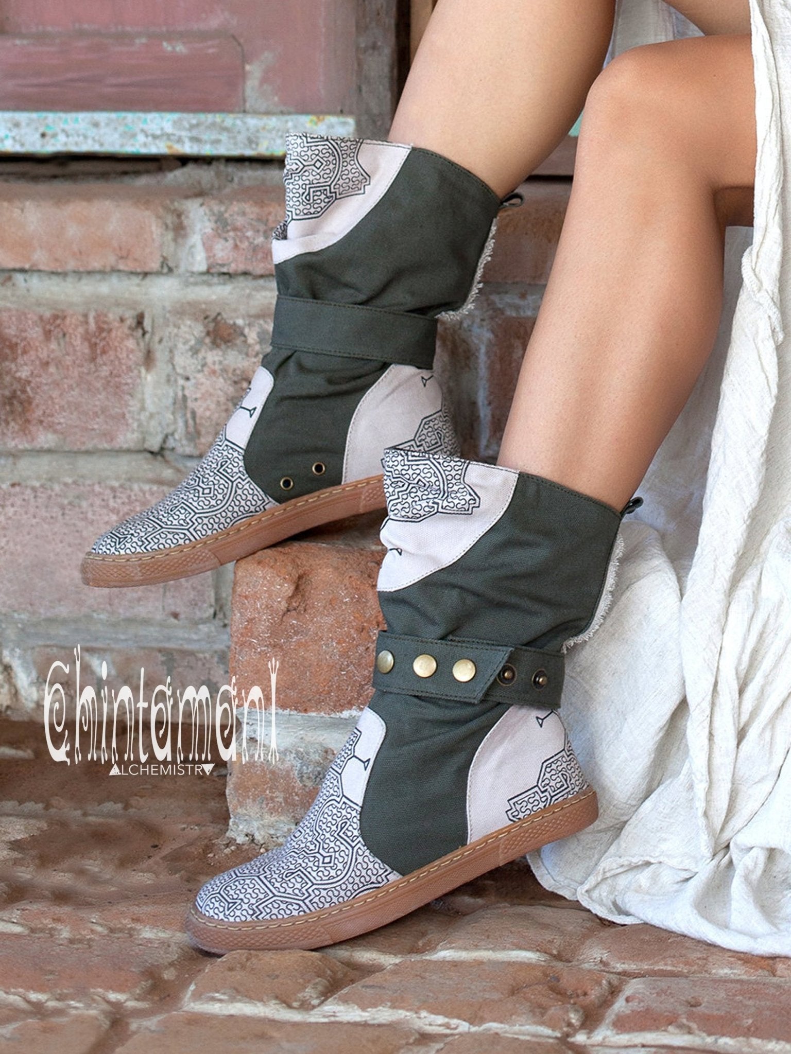 Cotton Canvas Vegan Boots / High Shoes with Shipibo Print / Unisex Grey - ChintamaniAlchemi