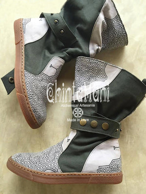 Cotton Canvas Vegan Boots / High Shoes with Shipibo Print / Unisex Grey - ChintamaniAlchemi