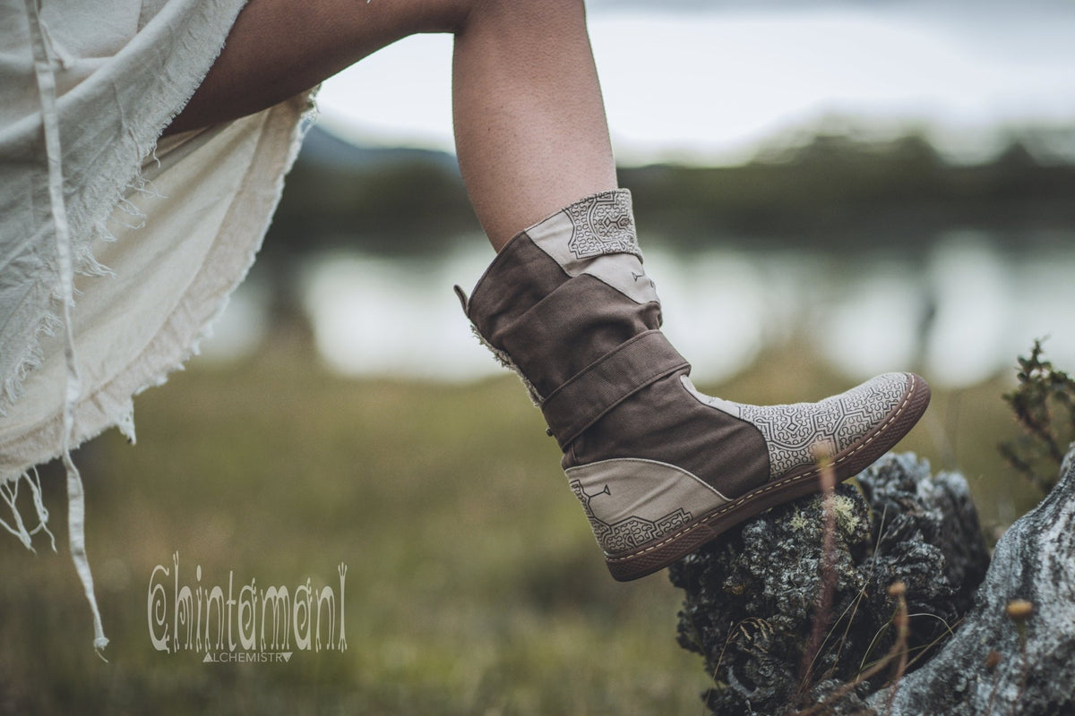 Cotton Canvas Vegan Boots / Shoes with Shipibo Print / Unisex Brown - ChintamaniAlchemi