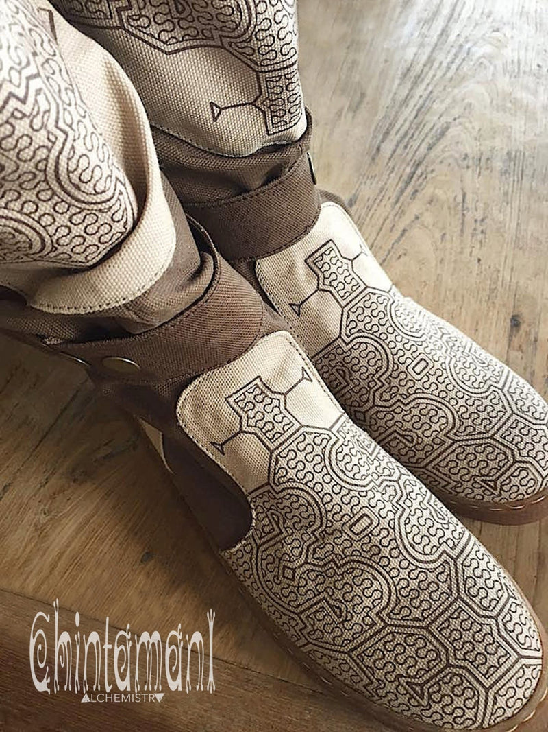 Cotton Canvas Vegan Boots / Shoes with Shipibo Print / Unisex Brown - ChintamaniAlchemi