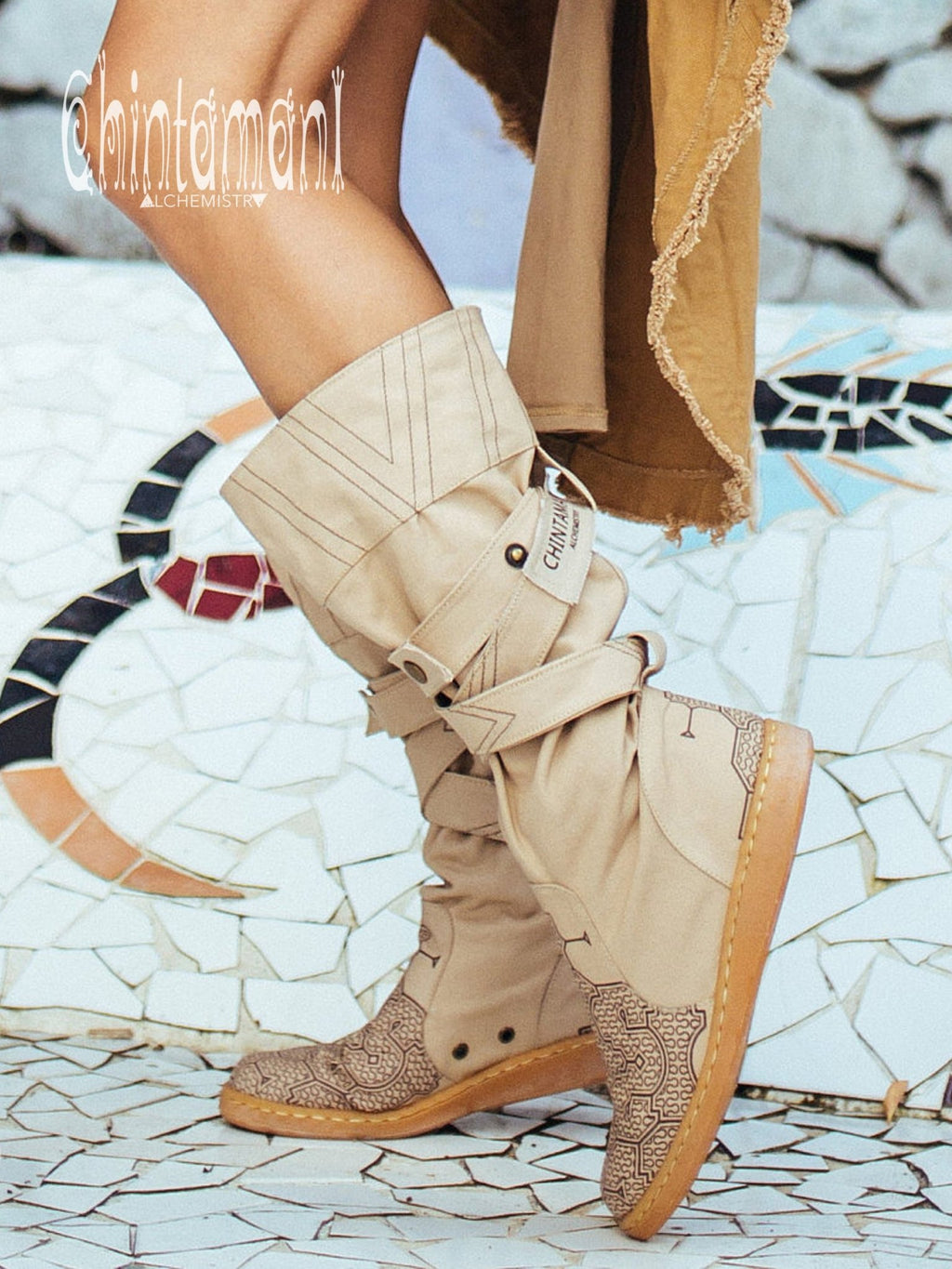 Cotton Canvas Vegan High Boots for Women / Riding Shoes / Beige - ChintamaniAlchemi