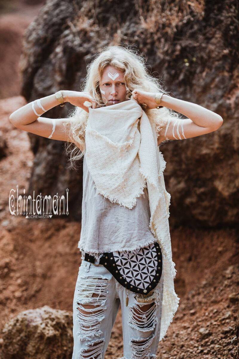 Cotton Canvas Vegan Pocket Belt Waist Bag / Flower of Life Print / Black - ChintamaniAlchemi