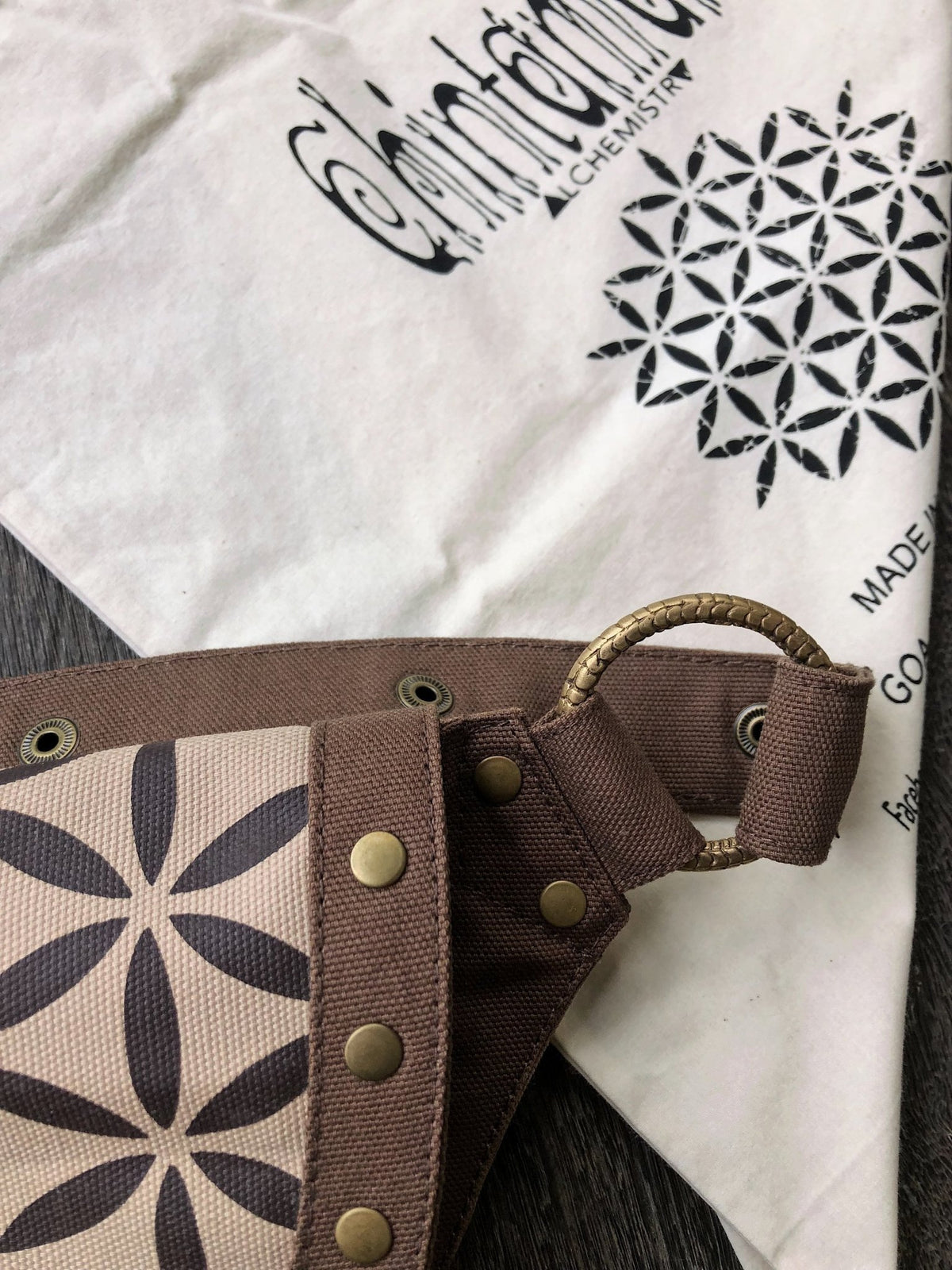 Cotton Canvas Vegan Pocket Belt Waist Bag / Flower of Life Print / Brown - ChintamaniAlchemi