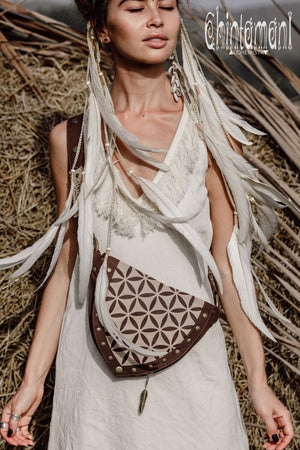 Cotton Canvas Vegan Pocket Belt Waist Bag / Flower of Life Print / Brown - ChintamaniAlchemi
