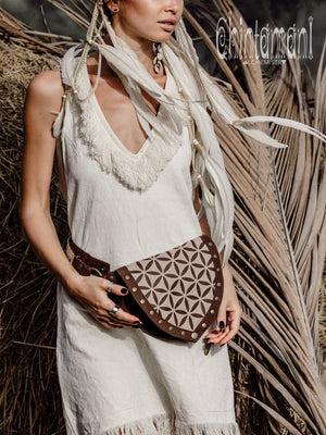 Cotton Canvas Vegan Pocket Belt Waist Bag / Flower of Life Print / Brown - ChintamaniAlchemi