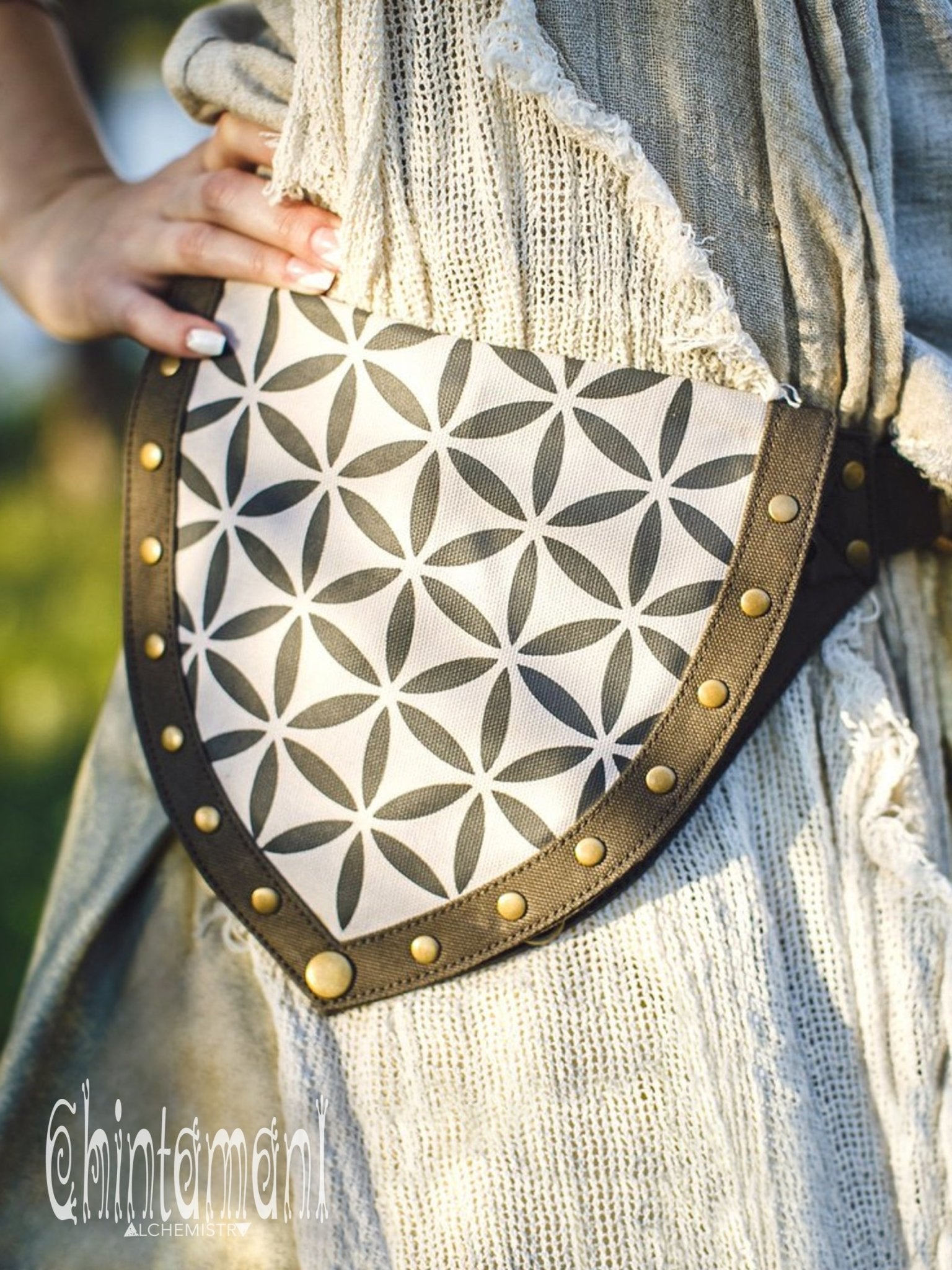 Cotton Canvas Vegan Pocket Belt Waist Bag / Flower of Life Print / Grey - ChintamaniAlchemi