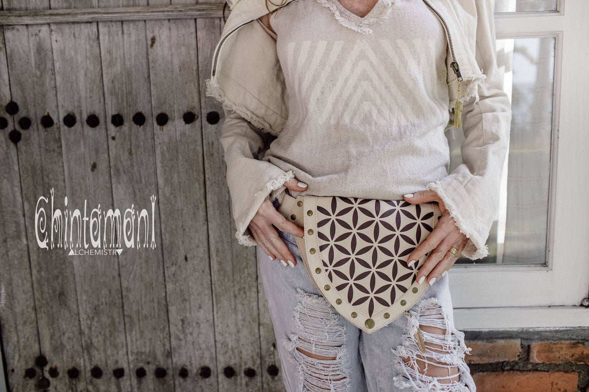 Cotton Canvas Vegan Pocket Belt Waist Bag / Flower of Life Print / Off White - ChintamaniAlchemi