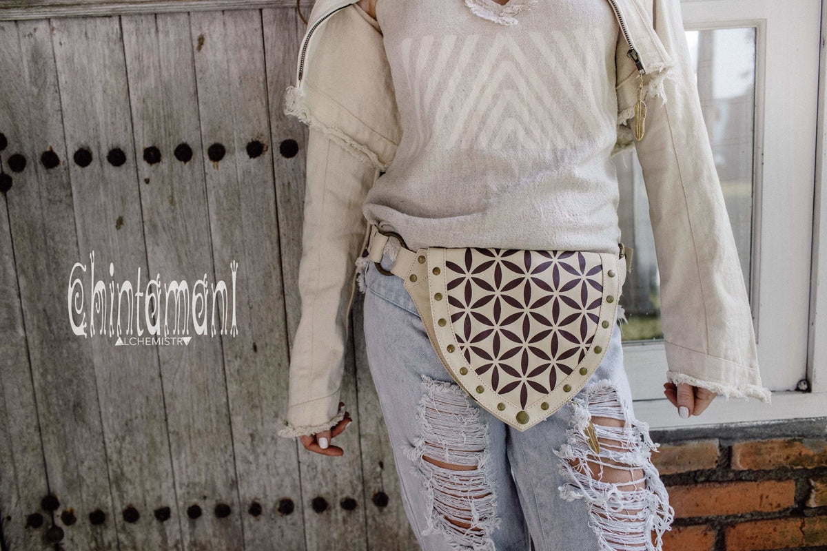 Cotton Canvas Vegan Pocket Belt Waist Bag / Flower of Life Print / Off White - ChintamaniAlchemi