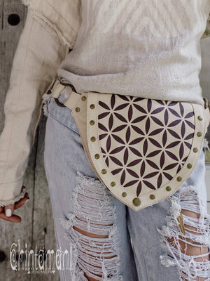 Cotton Canvas Vegan Pocket Belt Waist Bag / Flower of Life Print / Off White - ChintamaniAlchemi
