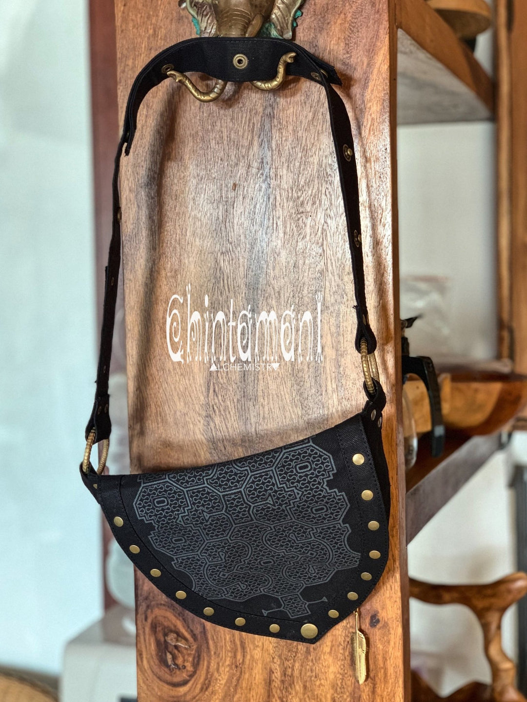 Cotton Canvas Vegan Pocket Belt Waist Bag / Shipibo Print / Black - ChintamaniAlchemi