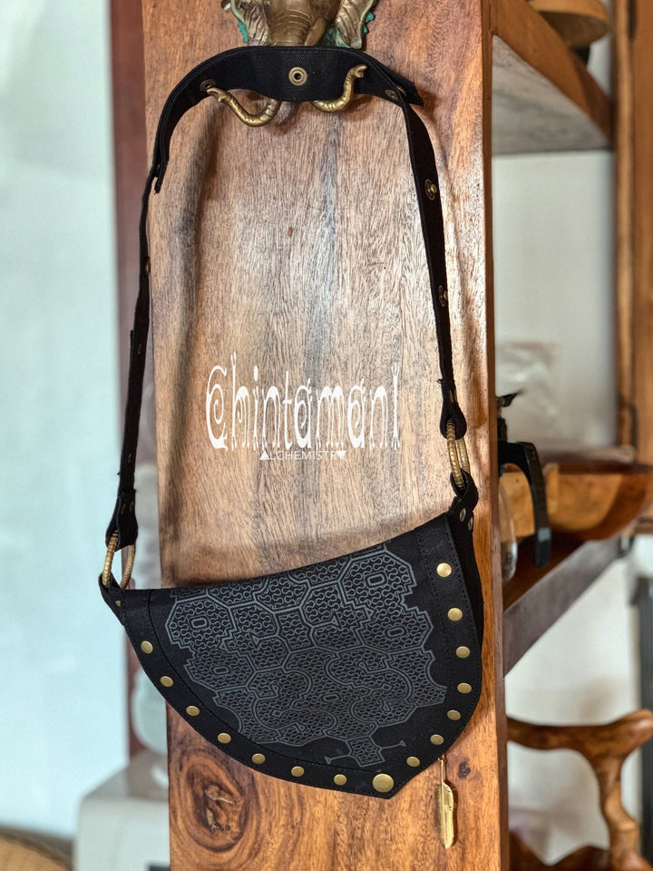 Cotton Canvas Vegan Pocket Belt Waist Bag / Shipibo Print / Black - ChintamaniAlchemi