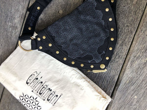 Cotton Canvas Vegan Pocket Belt Waist Bag / Shipibo Print / Black - ChintamaniAlchemi