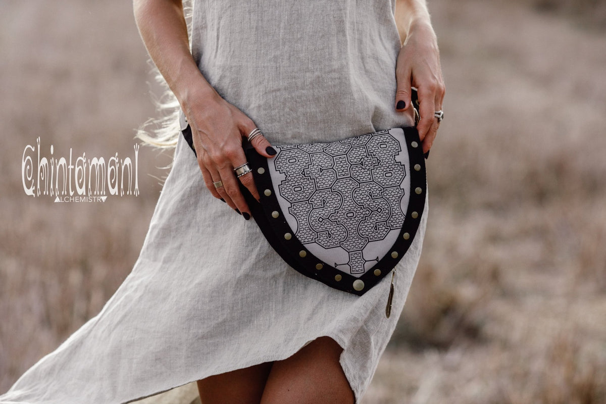 Cotton Canvas Vegan Pocket Belt Waist Bag / Shipibo Print / Black &amp; Grey - ChintamaniAlchemi