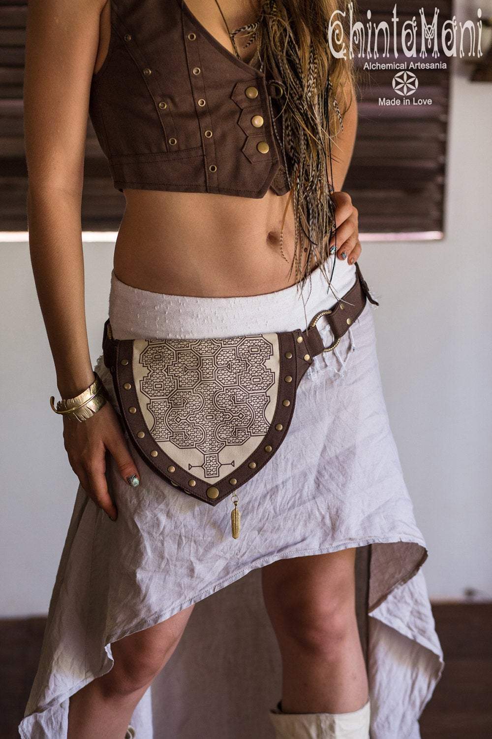 Cotton Canvas Vegan Pocket Belt Waist Bag / Shipibo Print / Brown - ChintamaniAlchemi