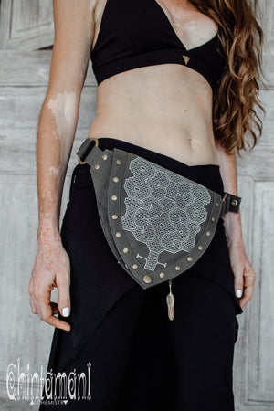 Cotton Canvas Vegan Pocket Belt Waist Bag / Shipibo Print / Dark Grey - ChintamaniAlchemi