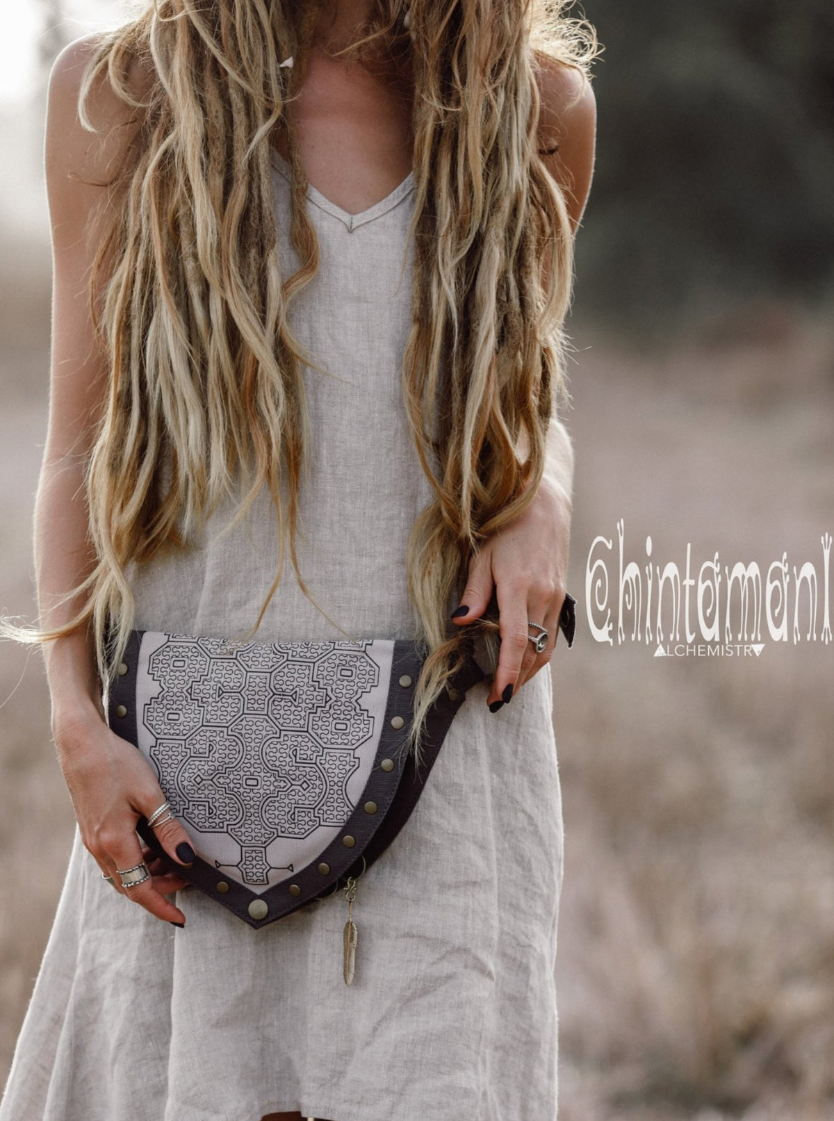 Cotton Canvas Vegan Pocket Belt Waist Bag / Shipibo Print / Grey - ChintamaniAlchemi