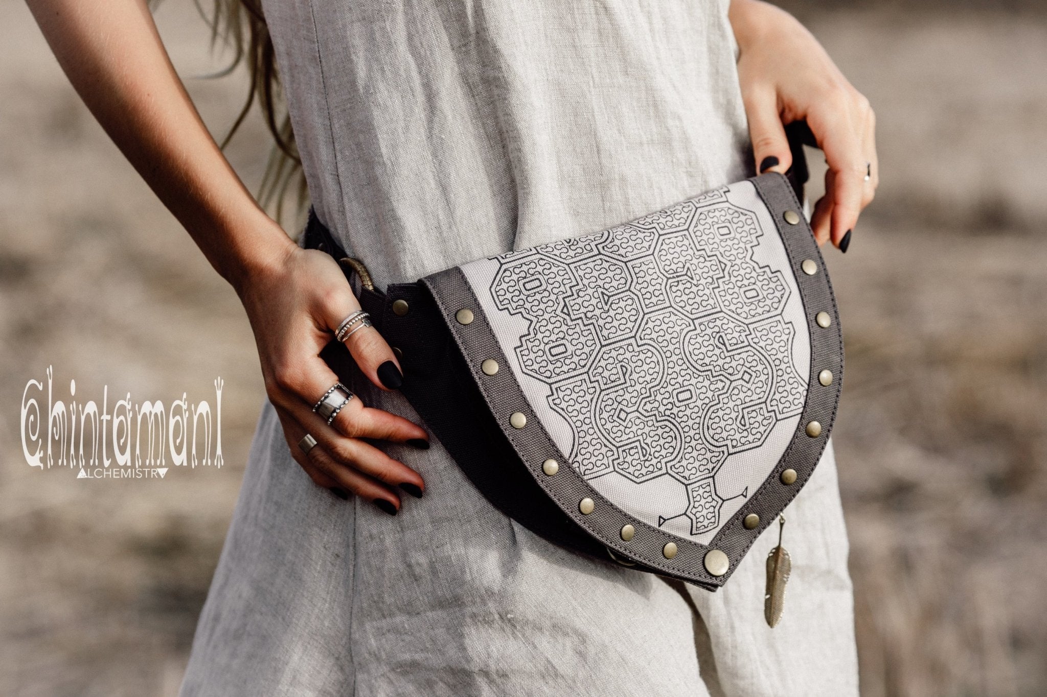 Cotton Canvas Vegan Pocket Belt Waist Bag / Shipibo Print / Grey