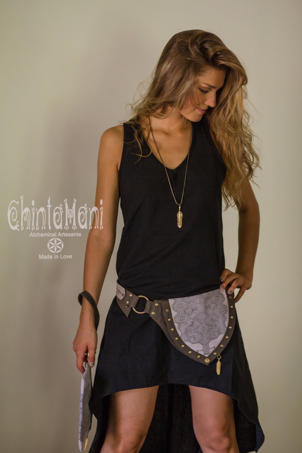 Cotton Canvas Vegan Pocket Belt Waist Bag / Shipibo Print / Grey - ChintamaniAlchemi