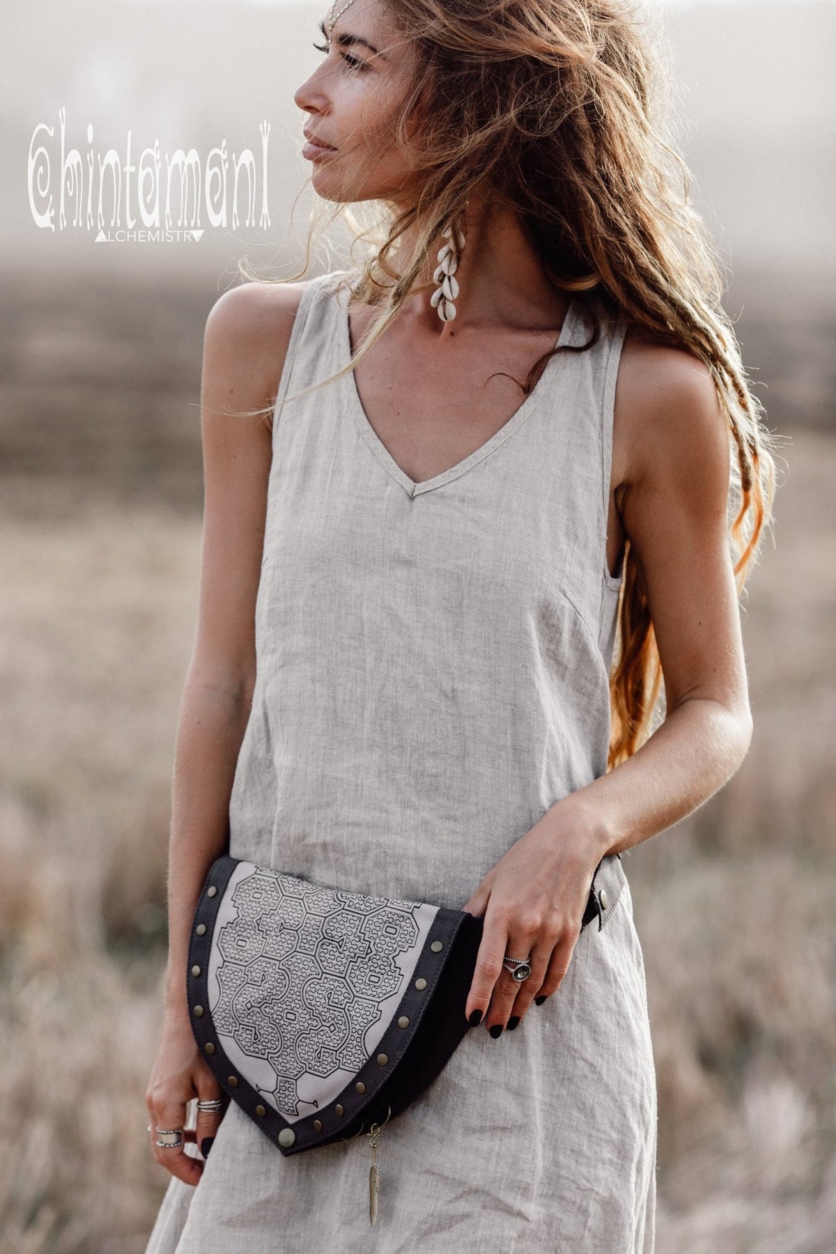 Cotton Canvas Vegan Pocket Belt Waist Bag / Shipibo Print / Grey - ChintamaniAlchemi