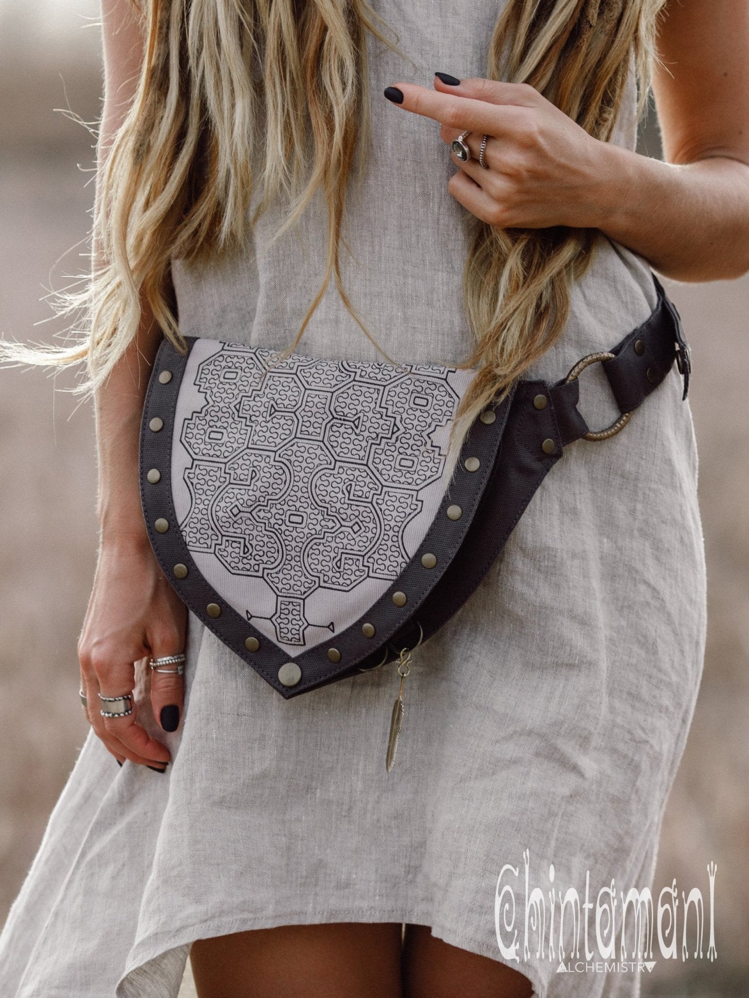 Cotton Canvas Vegan Pocket Belt Waist Bag / Shipibo Print / Grey - ChintamaniAlchemi