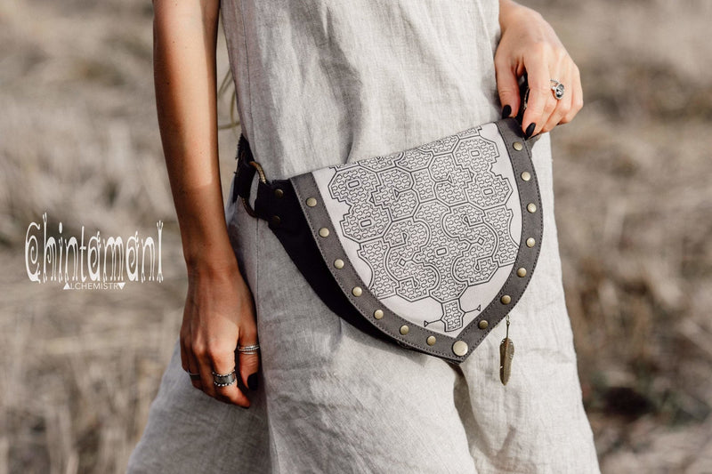 Cotton Canvas Vegan Pocket Belt Waist Bag / Shipibo Print / Grey - ChintamaniAlchemi
