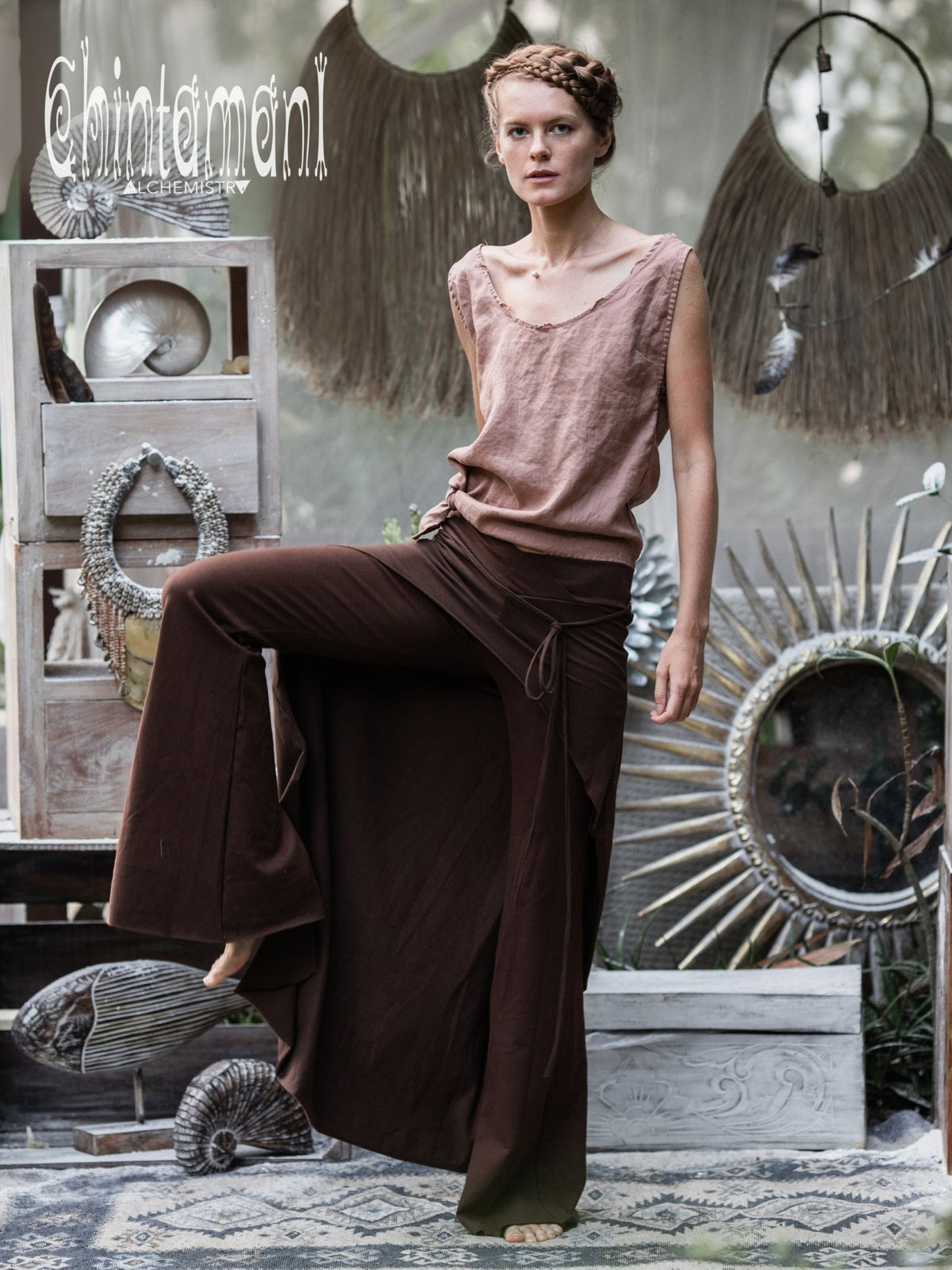 Cotton Flare Pants with Skirt for Women / Brown - ChintamaniAlchemi