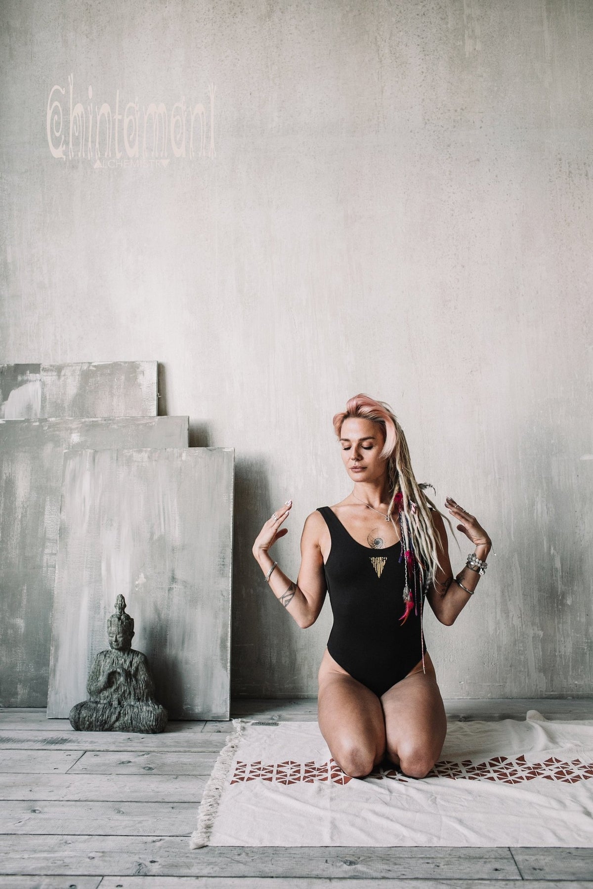 Cotton Yoga Bodysuit for Women / Swimsuit with Geometric Print / Black - ChintamaniAlchemi