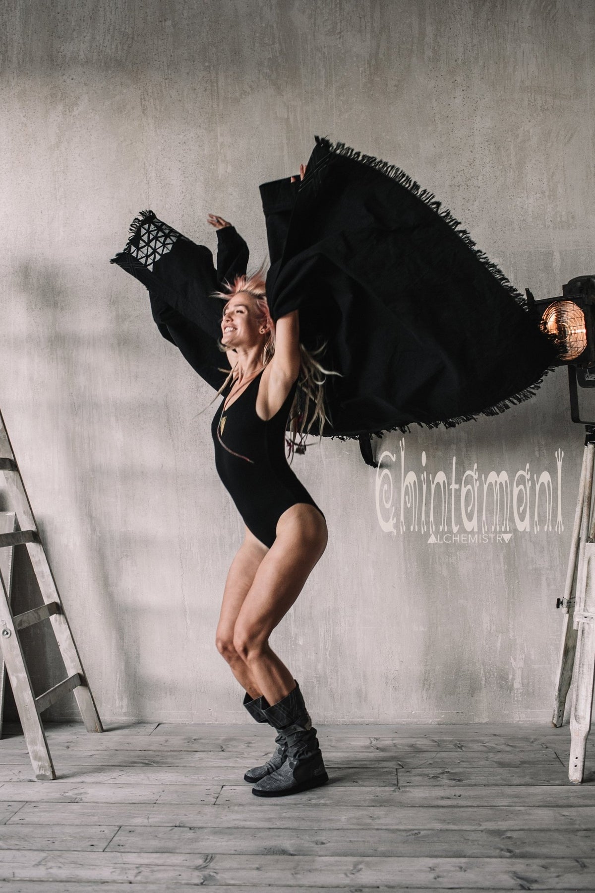 Cotton Yoga Bodysuit for Women / Swimsuit with Geometric Print / Black - ChintamaniAlchemi