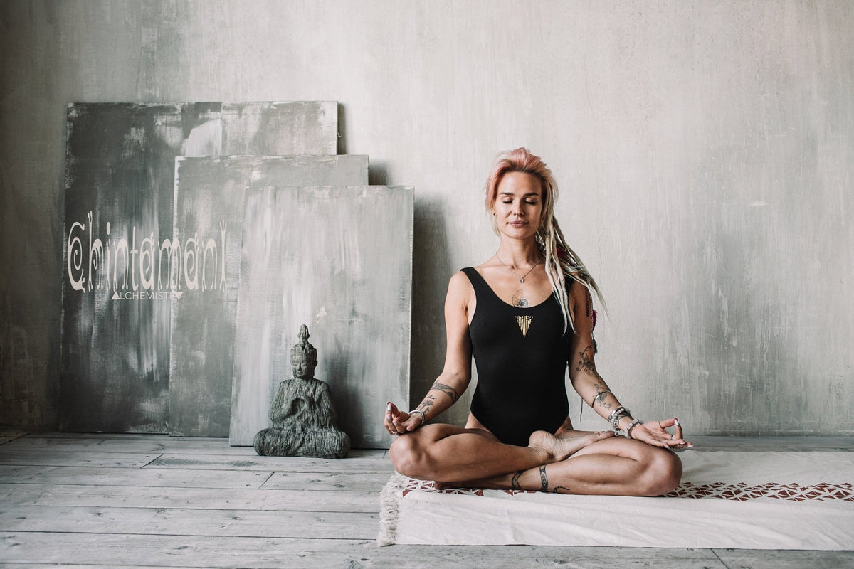 Cotton Yoga Bodysuit for Women / Swimsuit with Geometric Print / Black - ChintamaniAlchemi