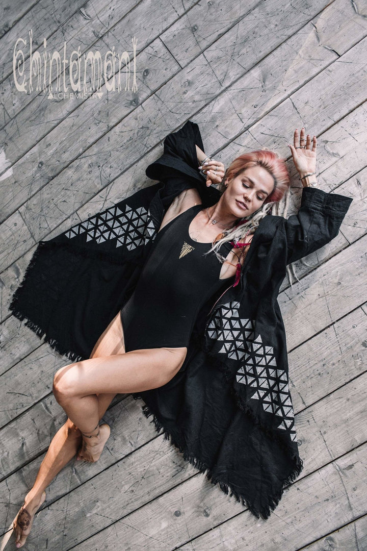 Cotton Yoga Bodysuit for Women / Swimsuit with Geometric Print / Black - ChintamaniAlchemi