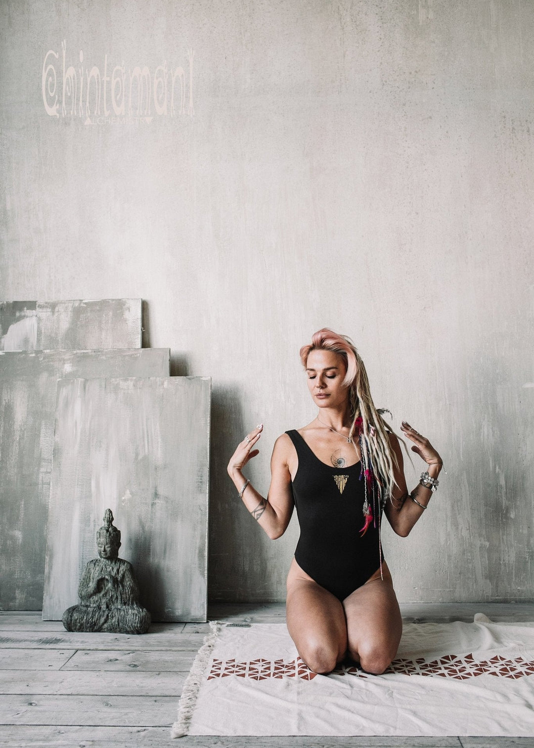 Cotton Yoga Bodysuit for Women / Swimsuit with Geometric Print / Brown - ChintamaniAlchemi