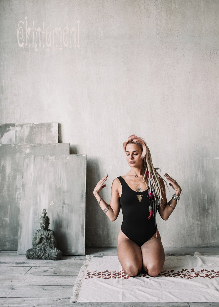 Cotton Yoga Bodysuit for Women / Swimsuit with Geometric Print / Brown - ChintamaniAlchemi