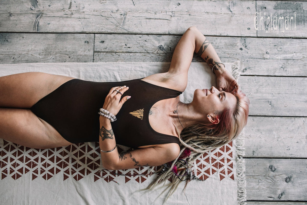 Cotton Yoga Bodysuit for Women / Swimsuit with Geometric Print / Brown - ChintamaniAlchemi