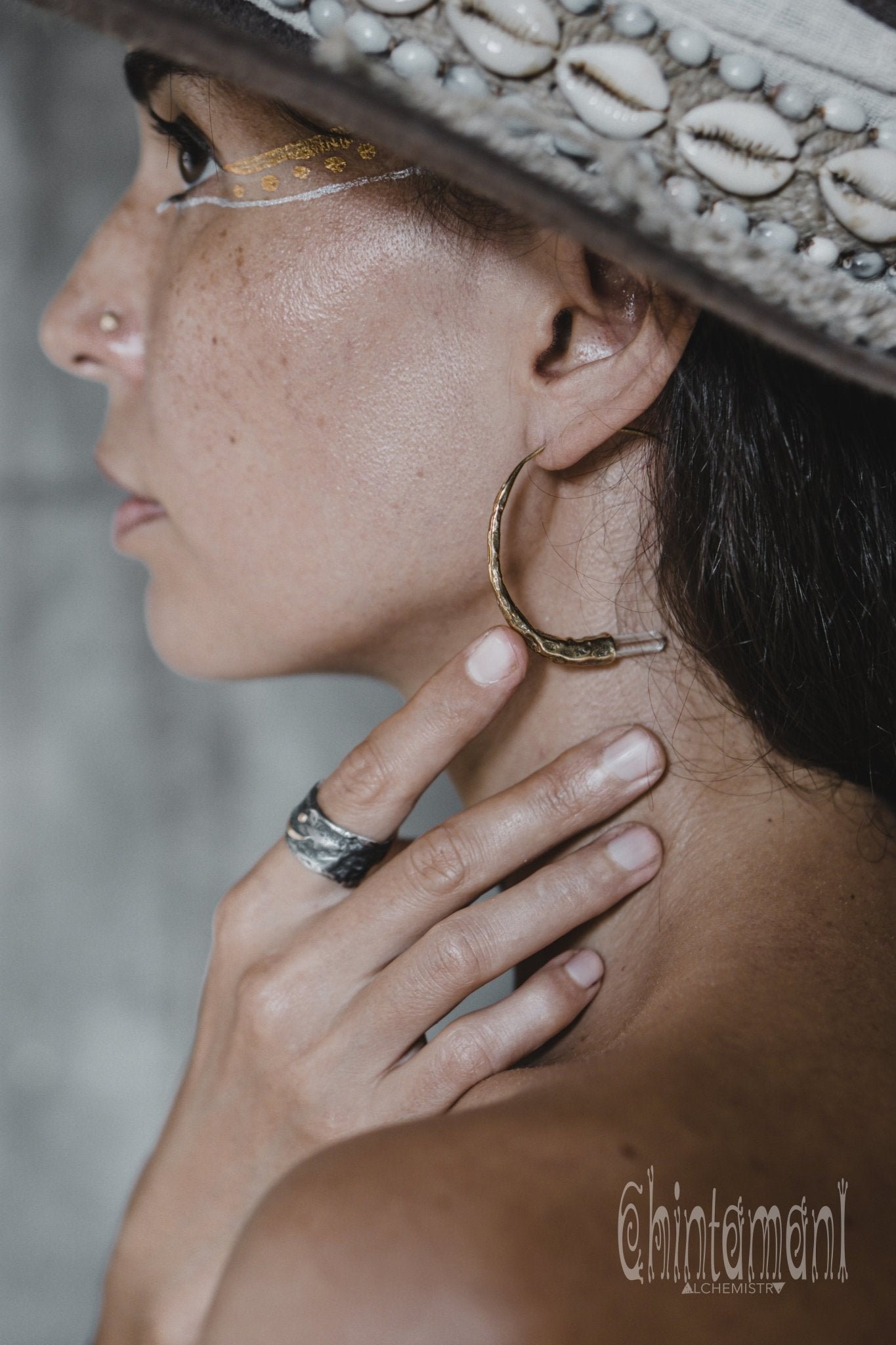 Crystal Quartz Hoop Earrings / Brass - ChintamaniAlchemi