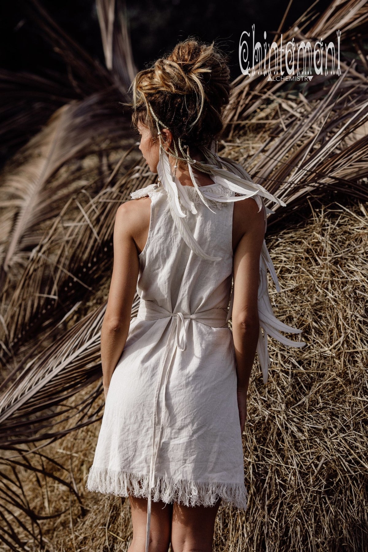 Deep V Fringe Mini Dress / Off White - ChintamaniAlchemi