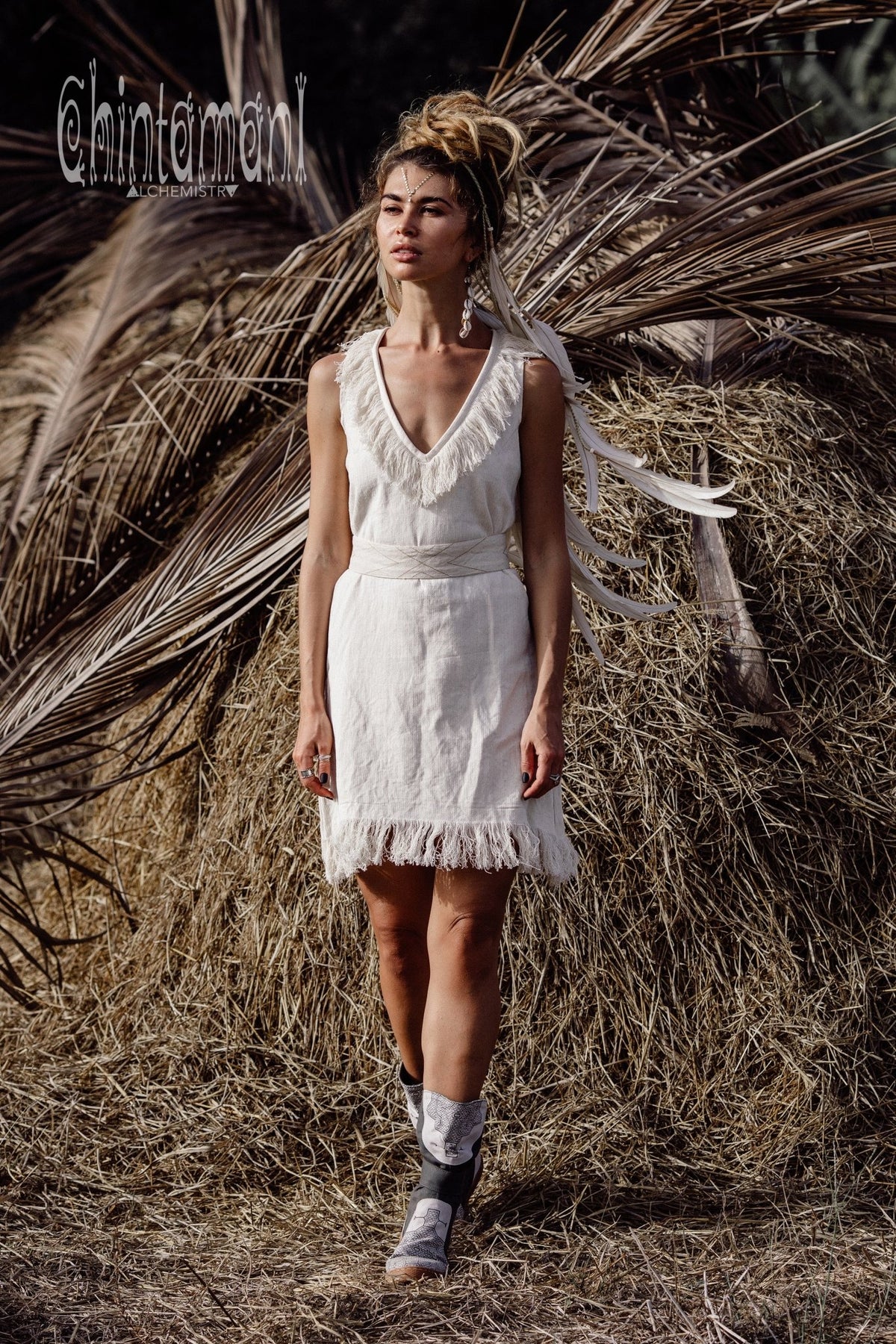 Deep V Fringe Mini Dress / Off White - ChintamaniAlchemi