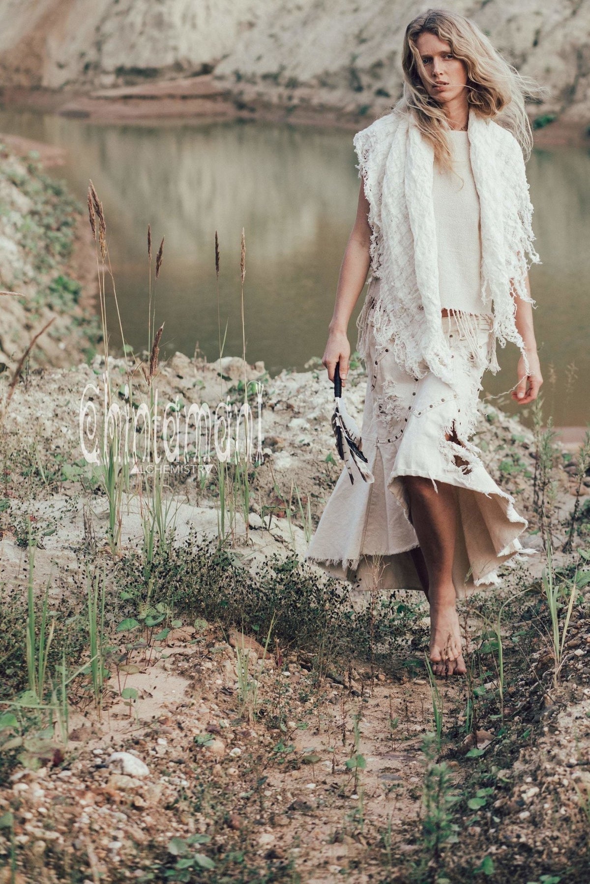 Denim Jeans Skirt / Bleached, Ripped, Stonewashed Denim / Off White - ChintamaniAlchemi