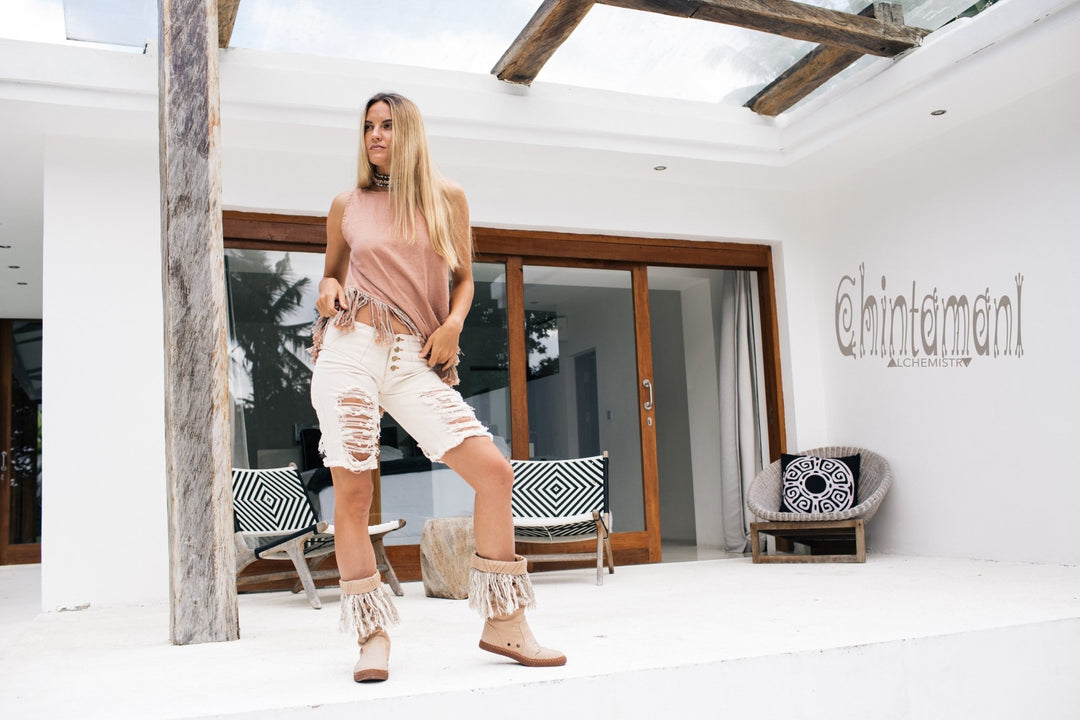 Denim Shorts / Ripped & Stonewashed Denim / Off White - ChintamaniAlchemi