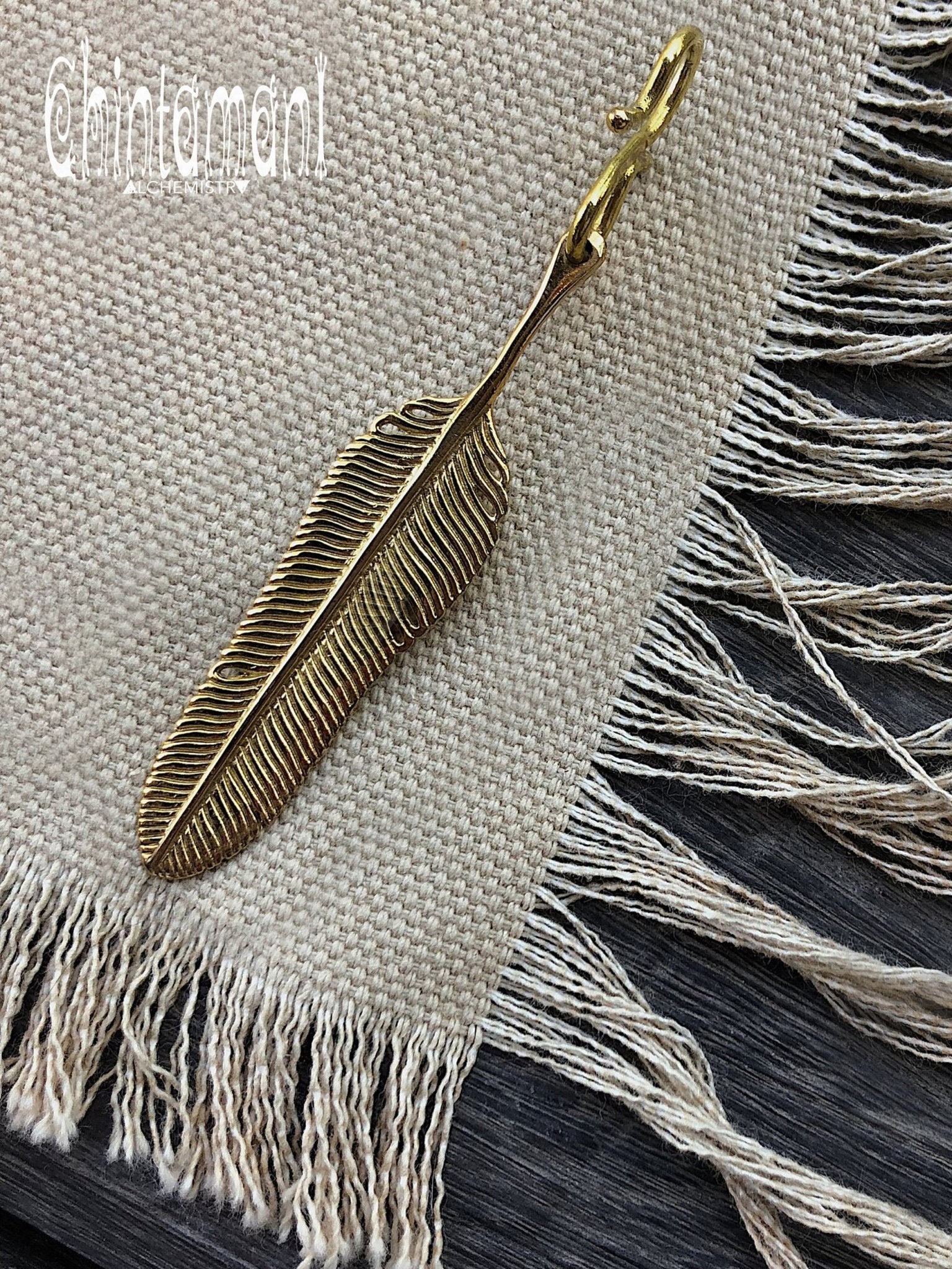 Extra Brass Feather Pendant by Chintamani - Eagle Feather Charm - ChintamaniAlchemi