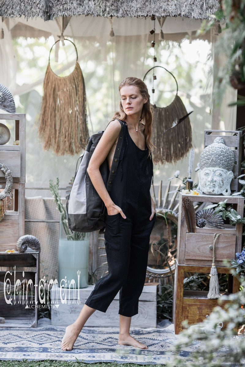 Fitted Linen Jumpsuit 3/4 / Women Midi Overalls with Pockets and Back Zip / Black - ChintamaniAlchemi