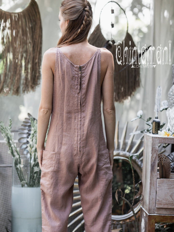 Fitted Linen Jumpsuit 3/4 / Women Midi Overalls with Pockets & Back Zip / Dusty Pink - ChintamaniAlchemi