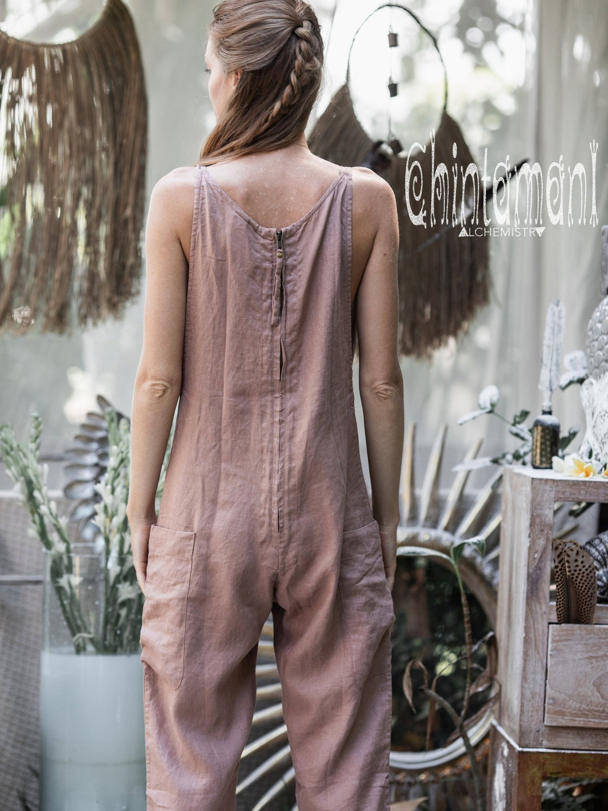 Fitted Linen Jumpsuit 3/4 / Women Midi Overalls with Pockets &amp; Back Zip / Dusty Pink - ChintamaniAlchemi