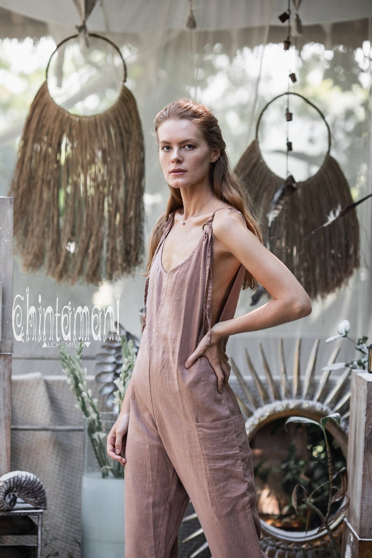 Fitted Linen Jumpsuit 3/4 / Women Midi Overalls with Pockets &amp; Back Zip / Dusty Pink - ChintamaniAlchemi