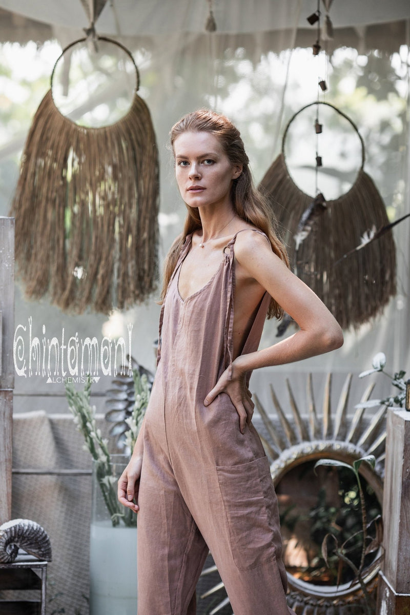 Fitted Linen Jumpsuit 3/4 / Women Midi Overalls with Pockets & Back Zip / Dusty Pink - ChintamaniAlchemi