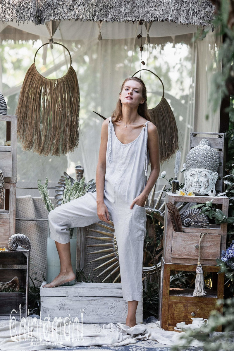 Fitted Linen Jumpsuit 3/4 / Women Midi Overalls with Pockets & Back Zip / Light Grey - ChintamaniAlchemi